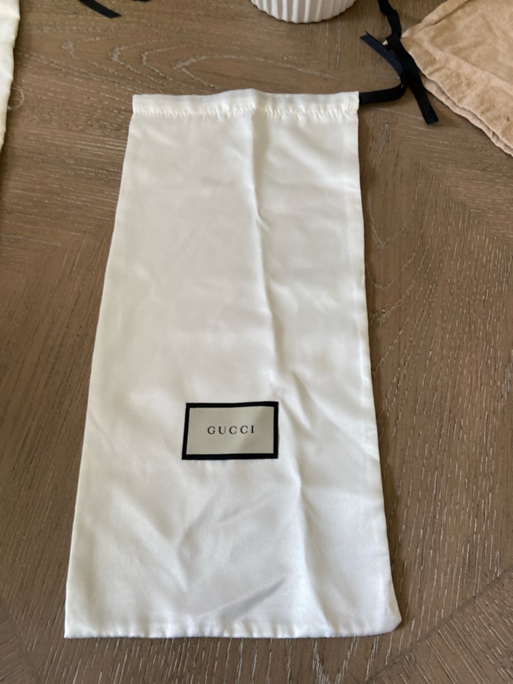 Gucci White Satin Pouch with Black Trim and Logo Patch